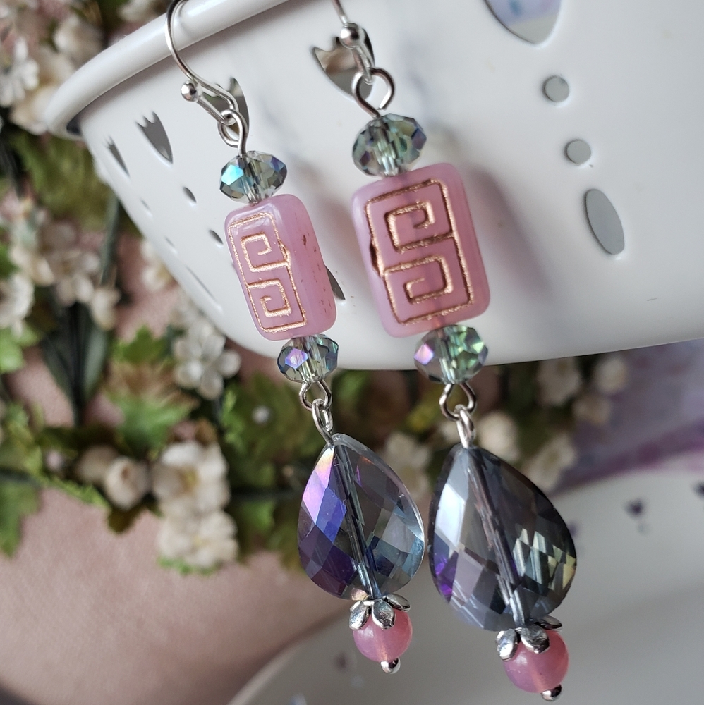 Gray and Pink Hand Crafted Earrings